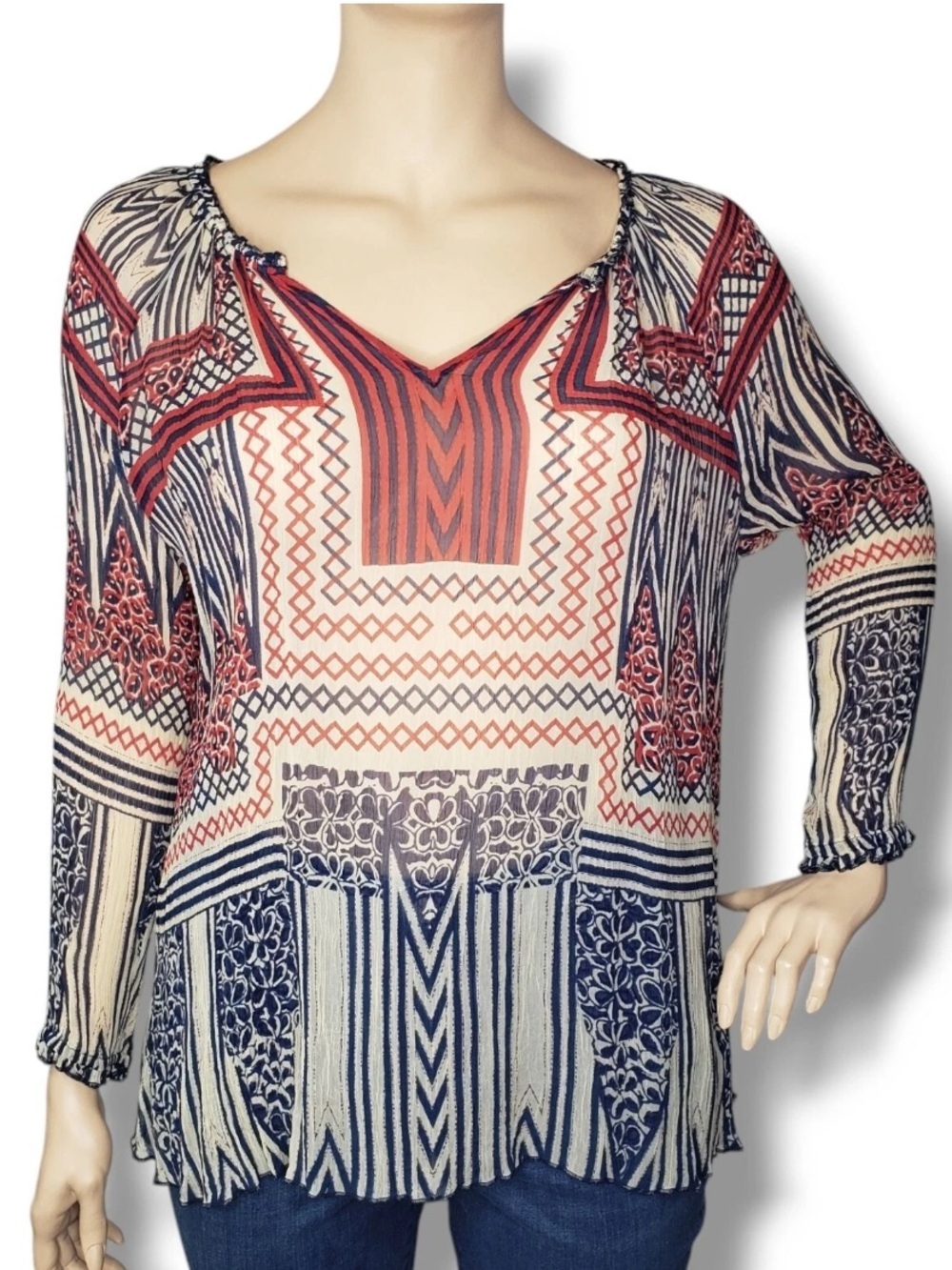 Lucky Brand Boho‎ Peasant Blouse Size Medium Semi Sheer Geometric Print